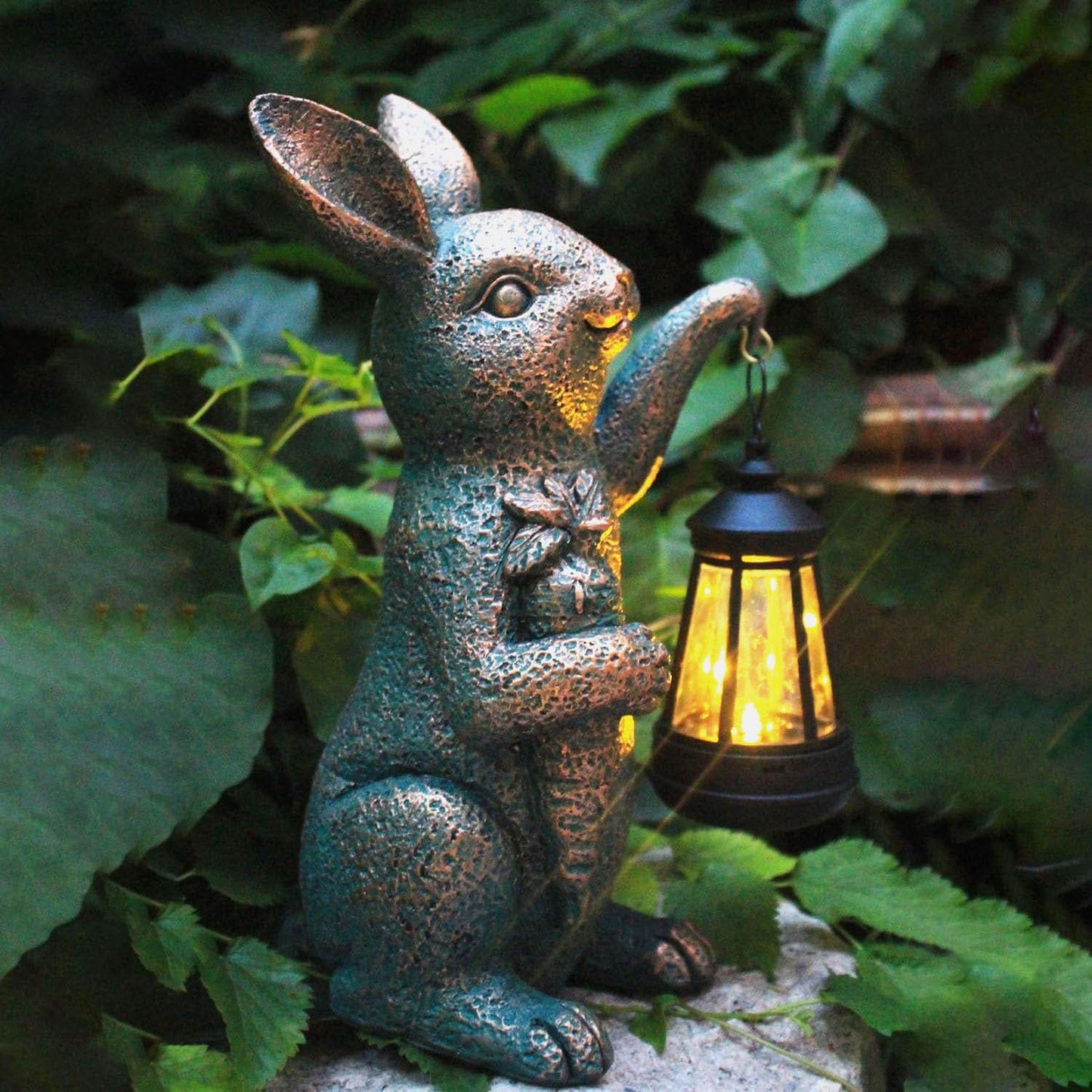Solar Garden Statues -Rabbit Lantern Outdoor Handmade Resin Statue with LED Light, Cute Carrot Holder for Patio, Yard, Gift Ideas (rabbit2)