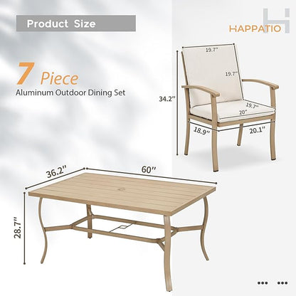HAPPATIO 7 Piece Patio Dining Set, Aluminum Outdoor Dining Set for 6, Aluminum Dining Table and Chairs Set, Patio Furniture with Table, Chairs and Washable Cushions (Beige)