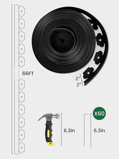 GROWNEER 66FT Landscape Edging Flexible 2 inch Tall Garden Border with 60pcs Galvanized Steel Anchoring Spikes and Hammer Lawn Edging Kit for Flower Bed, Pathway, Landscaping Project, Black