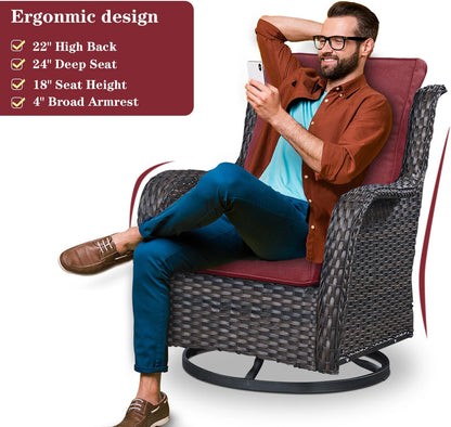 5 Piece Outdoor Patio Furniture Set - Wicker Furniture Patio Conversation Set, Outdoor Swivel Rocker Chairs with 3-Seater Sofa and 2 Ottomans for Small Space, Red Cushion