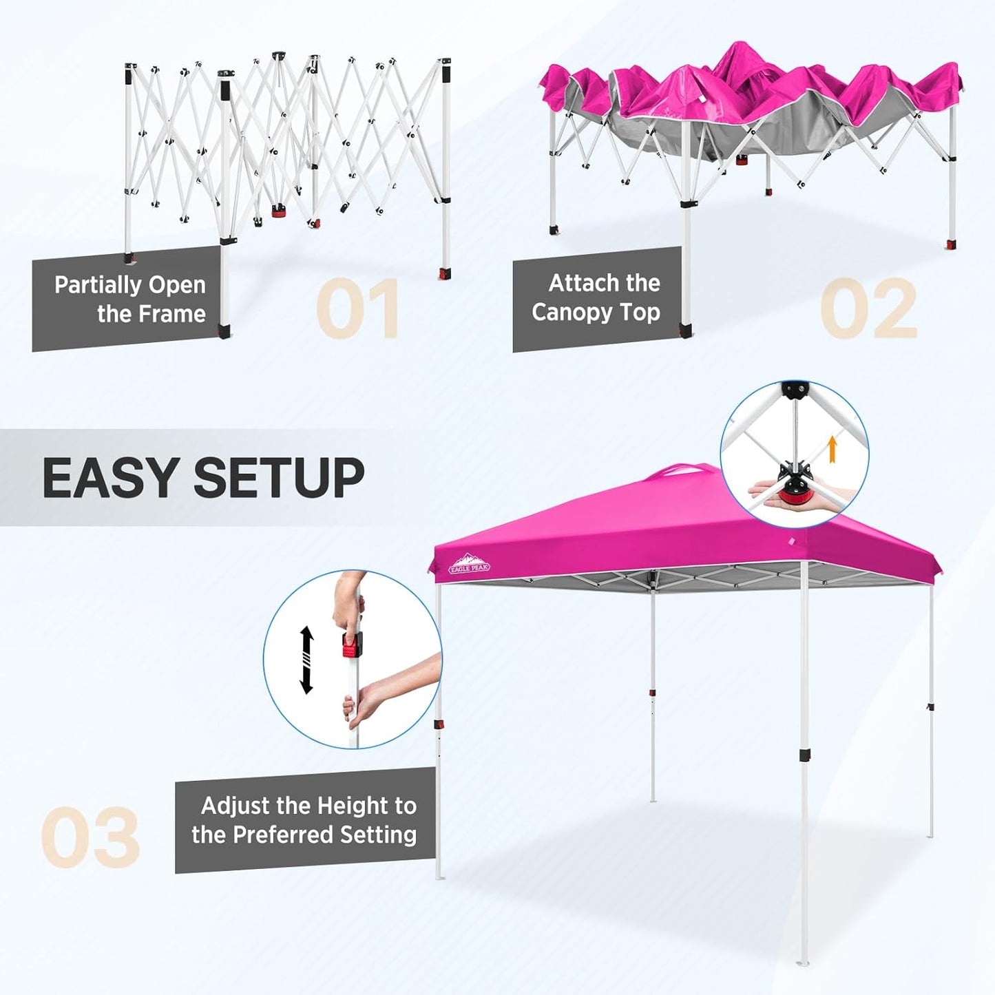 EAGLE PEAK Pop Up Canopy Tent with Wheeled Carry Bag, 8 Stakes, 4 Ropes, Easy Set Up Tent Canopy, 8x8 ft, Pink