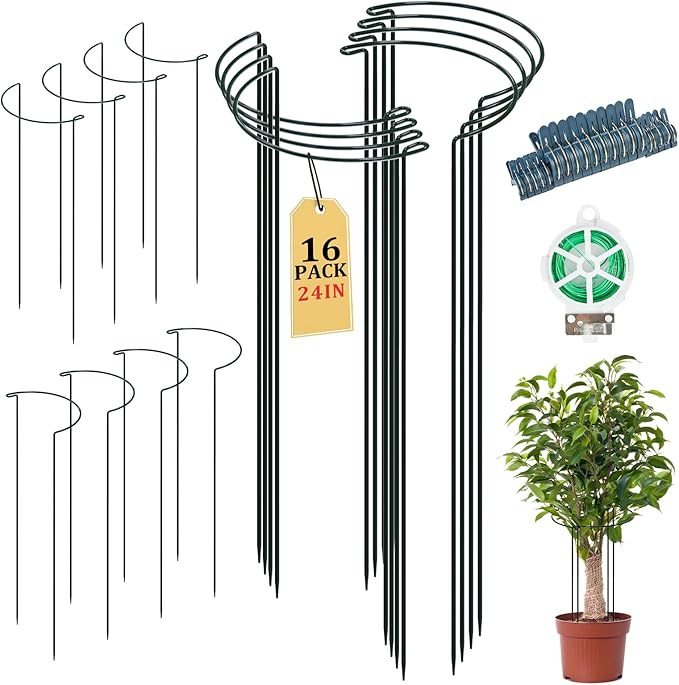 16 Pack 24 inch Plant Support Stakes, Half Round Peony Cage and Support, Adjustable Plant Support Stand with Clips & Twist Tie Garden Stakes for Indoor Outdoor, Heavy Duty Plant Support Ring