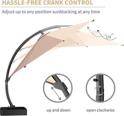 Kingdura 12ft Cantilever Patio Umbrella with Base Included, Large Round Offset Outdoor Pool Umbrella, 360° Rotation & Infinite Tilt, Heavy Duty Aluminum Frame for Deck Backyard, Beige