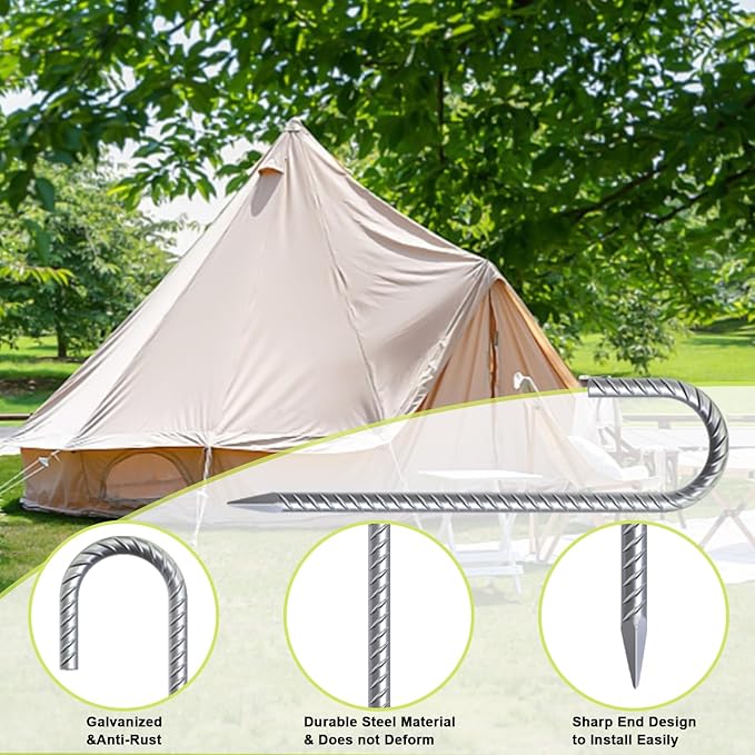 AAGUT Rebar Stakes 12 Inch J Hook Heavy Duty 12 Pack, 3/8 Inch Galvanized Metal Steel Ground Anchors Chain Link Fence Stakes for Camping Tent, Inflatables, Yard Decorations, Canopies & Swing Sets