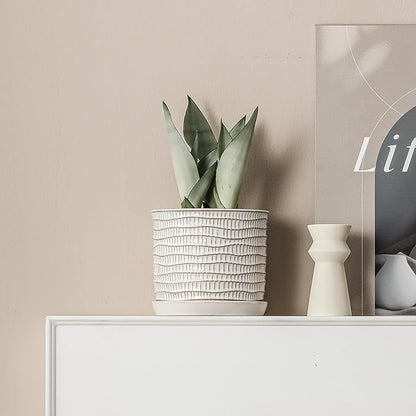 8 Inch Plant Pot: Ceramic Planter with Drainage Hole & Saucer - Cream White Flowerpot for Indoor & Outdoor Plants - with Separate Tray for Home & Office - Wave Embossed Design