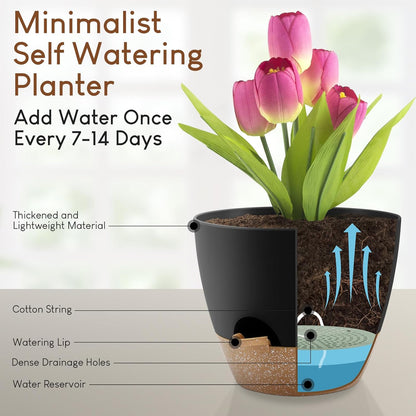 Plant Pots 10/9/8/7.5/7 inch, Self Watering Planters with Drainage Holes & Saucers for Indoor and Outdoor Plants (Black)