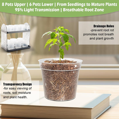 2-Pack Mini Plant Stands with 2.5" & 3" Clear Plastic Pots with Drainage Holes for Plants Indoor Seedling Small Succulent Windowsill Shelf as Gifts for Men Women