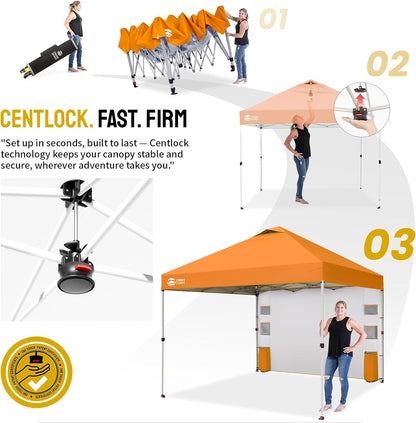 CROWN SHADES Canopy Tent, 10 x 10 Foot Portable Pop Up Outdoor Shelter with Pocket Sidewall, Push Center Lock, UV Protection, and Carry Bag, Orange