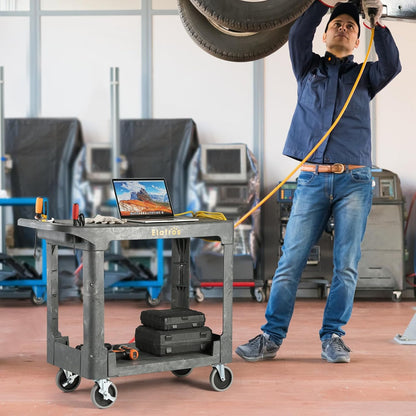 ELAFROS Heavy Duty Plastic Utility Cart Flat top 37 x 18.8 Inch - Work Cart Flat Shelves and Full Swivel Wheels Safely Holds up to 550 lbs - 2 Tier Service Cart for Warehouse,Garage, Cleaning Gray