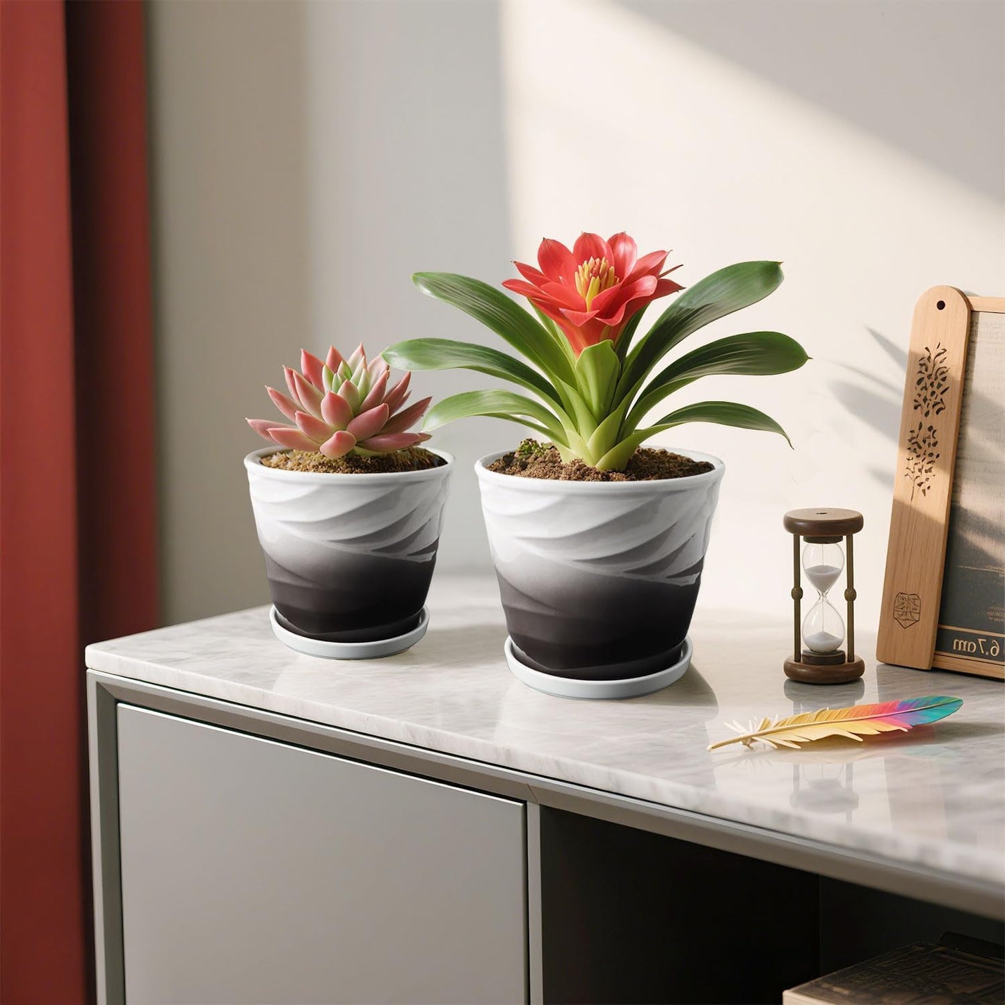 Ceramic Plant Pots,6.7 + 5.5 Inch,Set of 2,Planters with Drainage Hole and Saucer,Flower pots for Indoor Plants,Modern Design(Dark Gray+White)