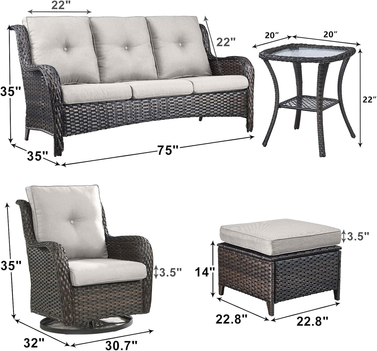 Outdoor Wicker Patio Furniture Set - 6 Piece Rattan Patio Conversation Set with 2 Rocking Swivel Chairs,2 Ottomans,1 Sofa and 1 Side Table for Porch Deck Backyard Garden(Brown/Beige)