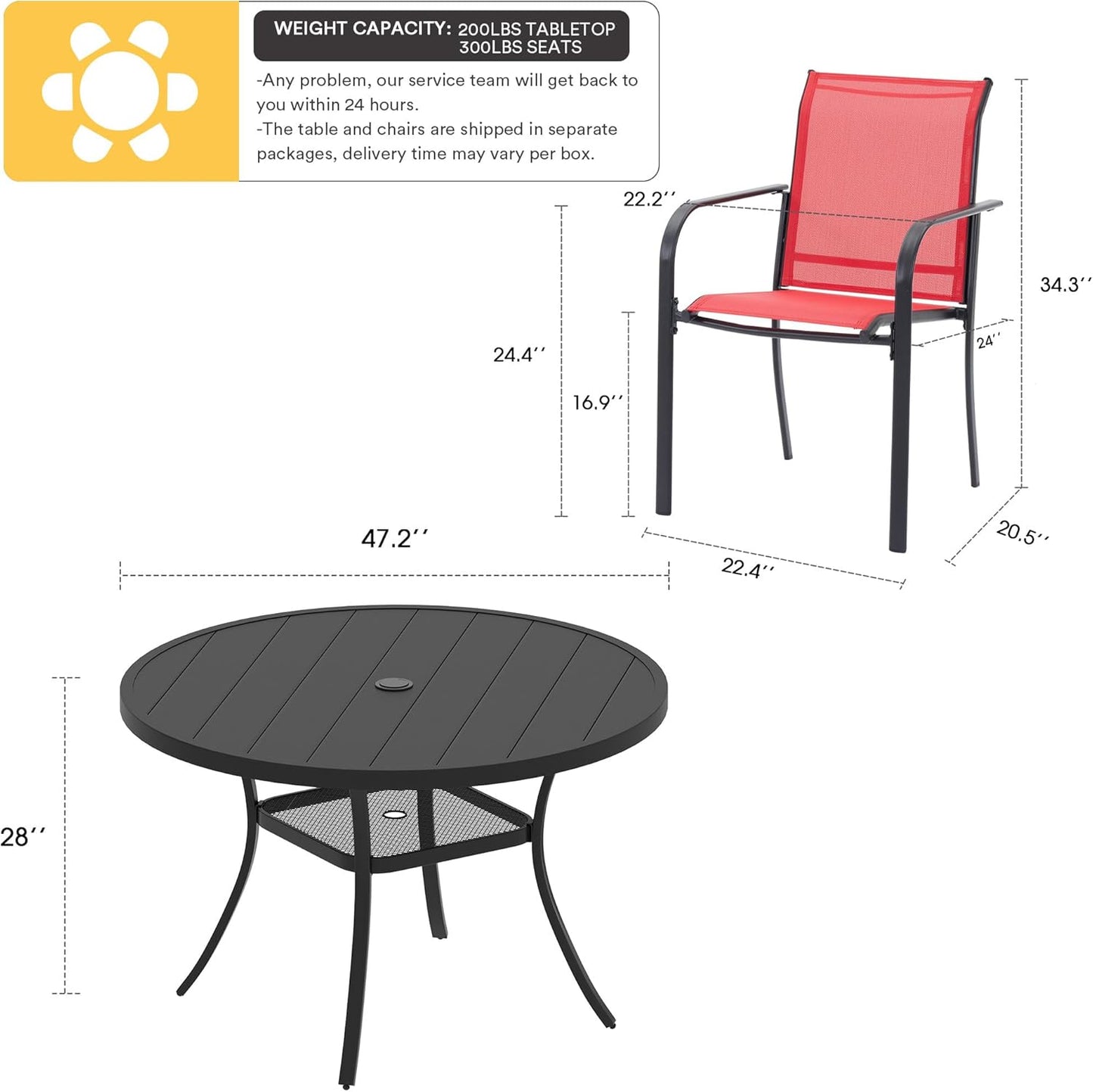 VICLLAX Patio Dining Set for 6, Outdoor Furniture Set Includes 47.2" Round Patio Table and 6 Patio Sling Chairs, Black Tabletop and Red Fabric