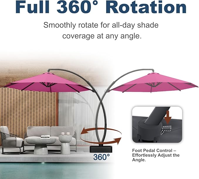 11FT Cantilever Umbrella with Base Large Curvy Outdoor Aluminum Offset Umbrella w/ 360° Rotation, UV Resistant Canopy for Patio, Garden, Backyard, Rose Pink