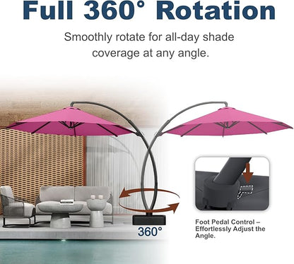 11FT Cantilever Umbrella with Base Large Curvy Outdoor Aluminum Offset Umbrella w/ 360° Rotation, UV Resistant Canopy for Patio, Garden, Backyard, Rose Pink