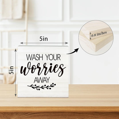 Wash Your Worries Away Wooden Sign - Funny White Block Plaque Desk Decoration-5x5 inches Inspirational Wood Block Gifts For Friends Family-Laundry Room Restroom Bathroom Tabletop Favors & Supplies-A01