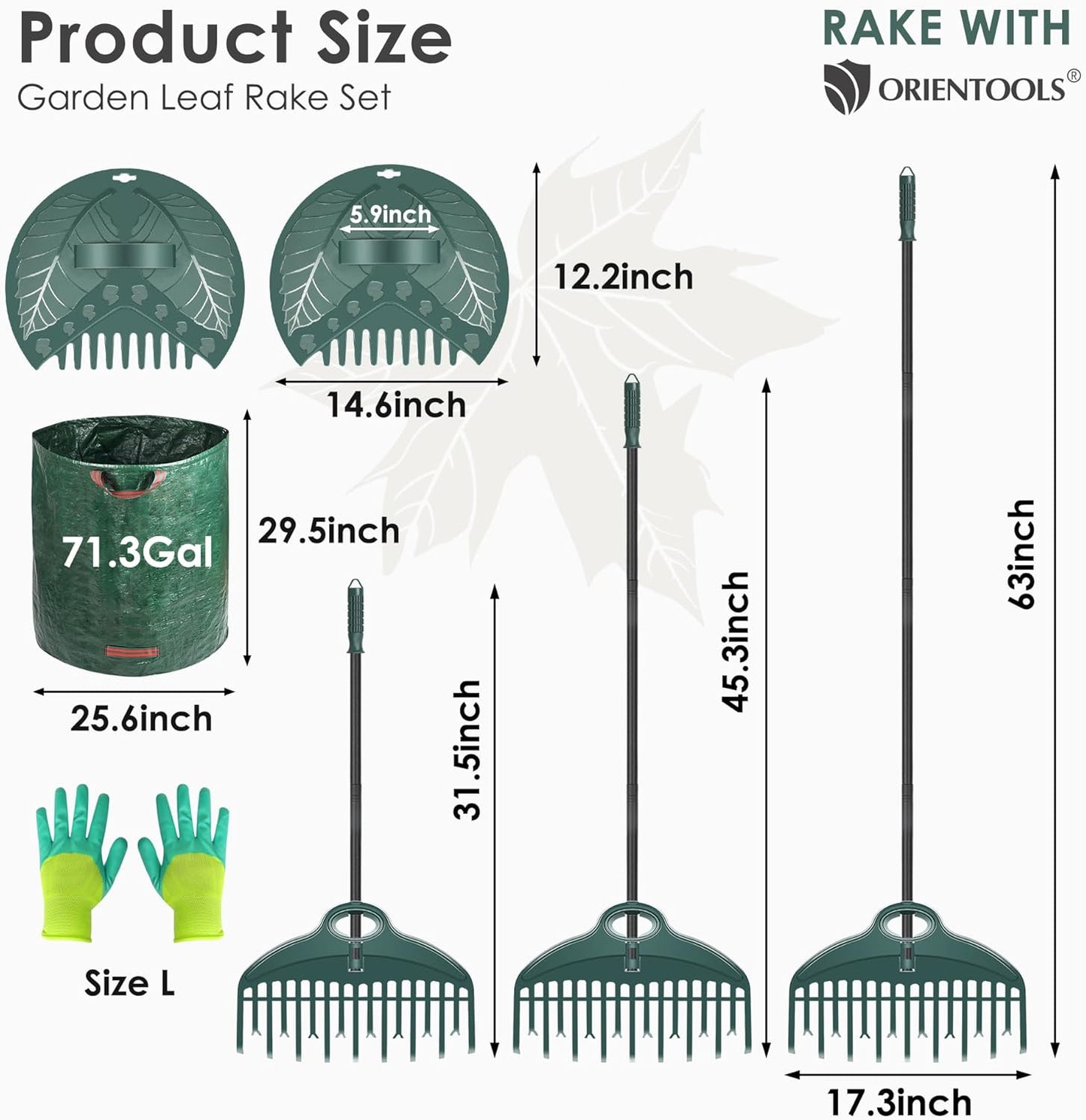 ORIENTOOLS 17Tines Double Row Garden Rake Set with 9Tines Leaf Hand Rakes, 272L Leaves Bin and Gardening Gloves for Scooping and Picking up Leaves, Clear and Collect Garden Rake Kit