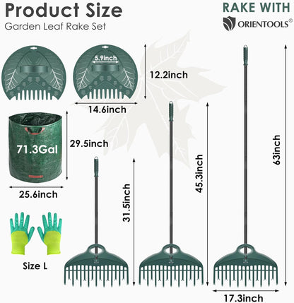 ORIENTOOLS 17Tines Double Row Garden Rake Set with 9Tines Leaf Hand Rakes, 272L Leaves Bin and Gardening Gloves for Scooping and Picking up Leaves, Clear and Collect Garden Rake Kit
