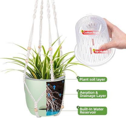 2-Pack 7..1-Inch Self-Watering Hanging Planters for Indoor & Outdoor Plants,34Inch Macrame Hanger Plant Pots Indoor with Drainage,Small Hanging Planters & Baskets,With Two Sets of Hooks（Pure green）