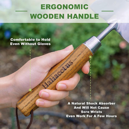 Haliaeetus Garden Trowel with Serrated Edge, 4'' Depth Marks Planting Shovel, V-Shaped Sharp Edge Garden Tool, Stainless Steel with Comfortable Wood Handle for Planting and Weeding