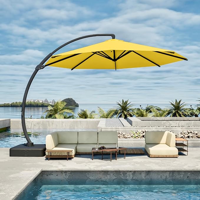 11FT Cantilever Umbrella with Base Large Curvy Outdoor Aluminum Offset Umbrella w/ 360° Rotation, UV Resistant Canopy for Patio, Garden, Backyard, Sunshine Yellow