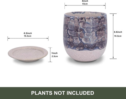 6 in Ceramic Plant Pot with Saucer，Indoor Plant Pot for Plants, Flower Pot with Drainage，Reactive Glaze Grey