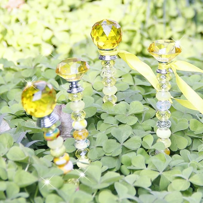 119 Pcs Garden Stake DIY Fairy Wand Plant Stake with Yellow Large Hole Beads Crystal Diamond Stopper Top 4 Stainless Steel Threaded Rod Beaded Garden Stakes for Outdoor Indoor Yard Patio Decorations