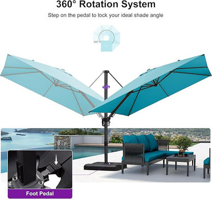 PURPLE LEAF 10' X 10' Left-right Tilting Patio Umbrella Outdoor Cantilever Swivel Square Umbrella Aluminum Offset Umbrella with 360-degree Rotation for Garden Deck Pool Patio Turquoise Blue