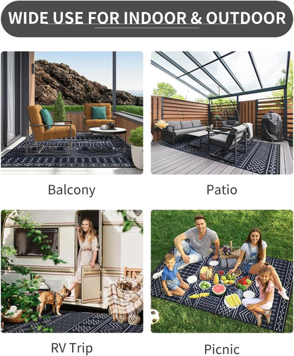 Outdoor Rug Carpet Waterproof 5x8 ft Patio Rug Mat Indoor Outdoor Area Rug for RV Camping Picnic Reversible Lightweight Plastic Straw Outside Rug for Patio Decor Decoration Boho Rug Navy Blue White