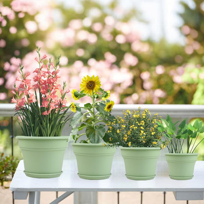 13 Inch Plastic-Flower-Pot-for-Indoor-Plants, 4 Pack Large Outdoor Planter Pot with Drainage Holes & Saucers, Resin Decorative Garden Pots Planters