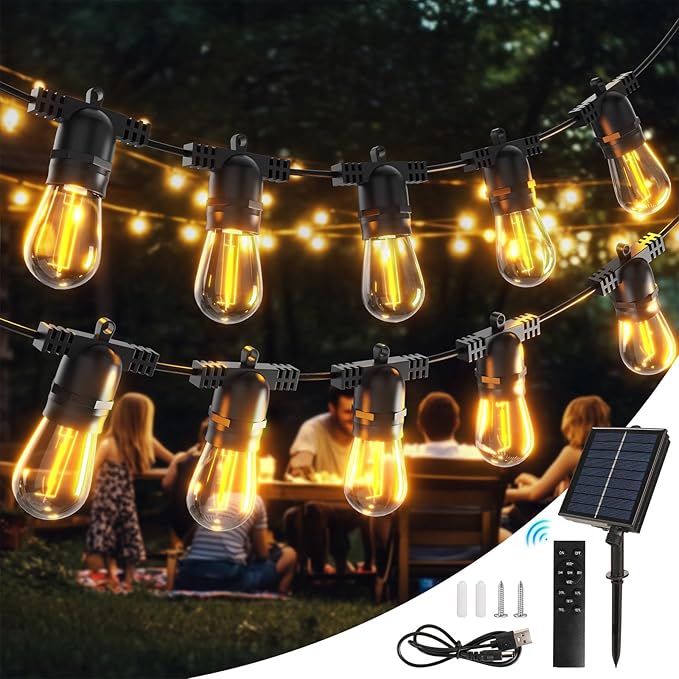 Solar String Lights Outdoor with Remote 30 FT, USB & Solar Dual Charging, Waterproof, 8 Modes 3 Timers, 10+1 LED Shatterproof S14 Bulbs, Dimmable Solar Light for Camping Backyard Bistro Porch Garden