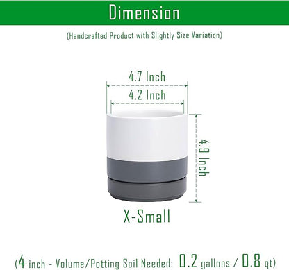 D'vine Dev Set of 2 Plants Pots, 4.7 Inch Ceramic Planter Pot for Plants with Drainage Hole and Saucer, White/Speckled Grey, 94-V-B-6