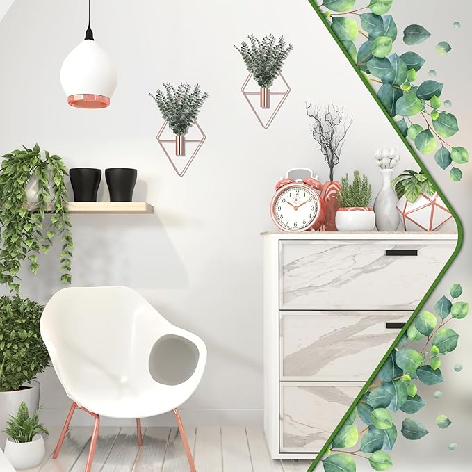 Jexine Hanging Planters with Artificial Eucalyptus Metal Hanging Vase Indoor Plants Holder Modern Geometric Boho Bathroom Wall Decor for Living Room Home Office(Rose Gold,4 Pcs)