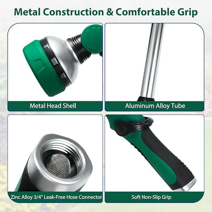 Watering Wand for Garden Hose, 30 Inch, 10 Spray Patterns, Thumb Control Garden Hose Nozzle, Adjustable Water Sprayer with Pivoting Head, Ideal for Hanging Baskets, Plants, and Shrubs, Green