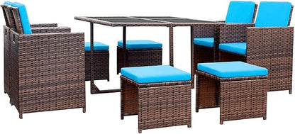 Devoko 9 Pieces Patio Dining Sets Outdoor Space Saving Rattan Chairs with Glass Table Patio Furniture Sets Cushioned Seating and Back Sectional Conversation Set (Blue)