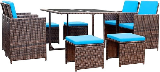 Devoko 9 Pieces Patio Dining Sets Outdoor Space Saving Rattan Chairs with Glass Table Patio Furniture Sets Cushioned Seating and Back Sectional Conversation Set (Blue)