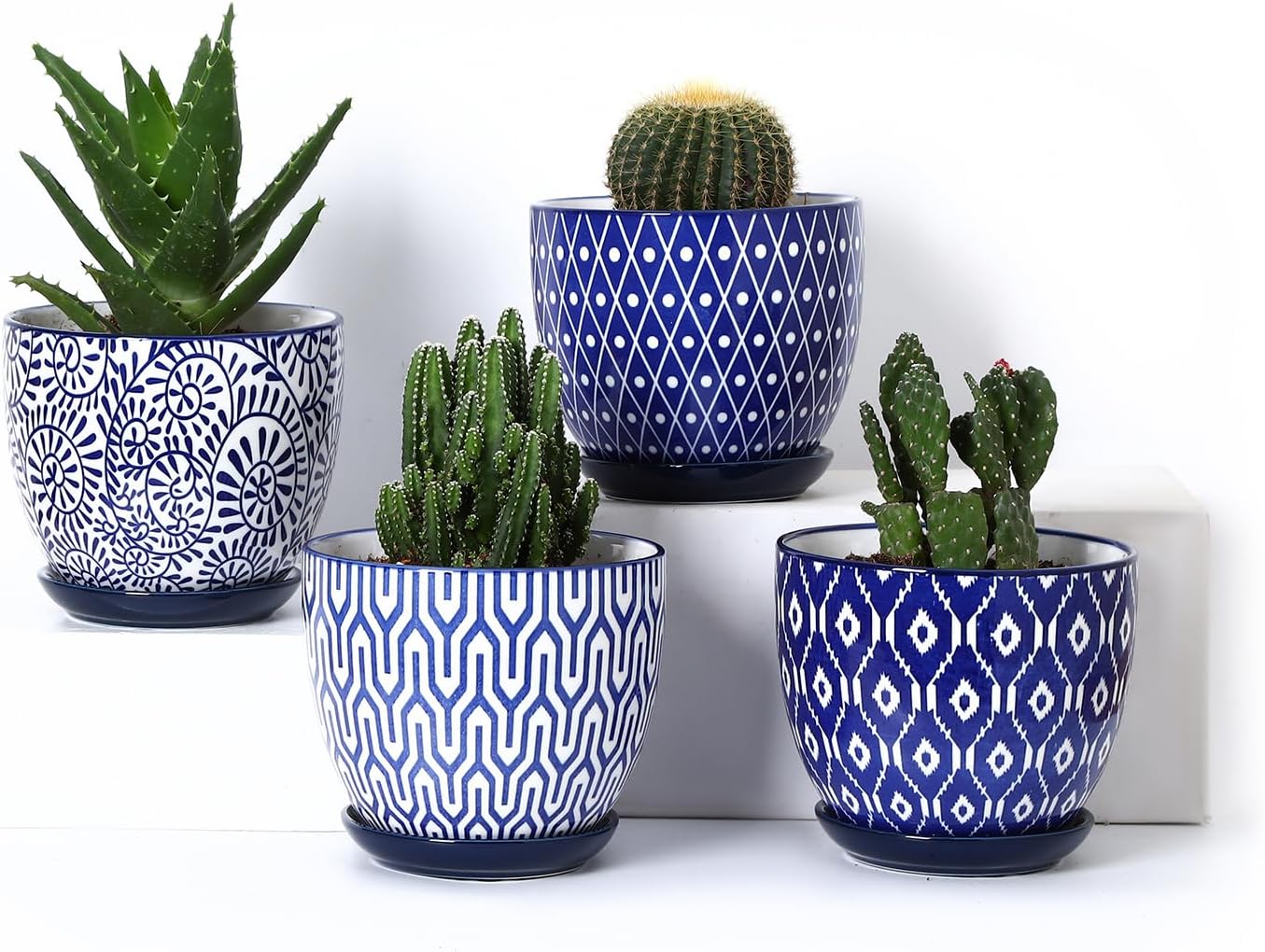 Selamica Ceramic Plant Pots,Planters with Drainage Hole and Saucer, Garden Pots for Succulent, Orchid, Home Decor, Set of 4,Blue