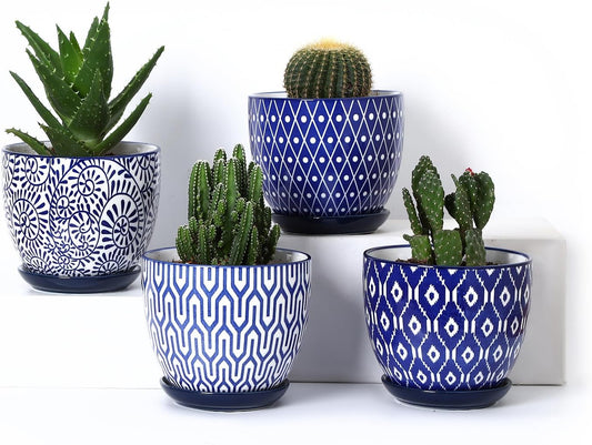 Selamica Ceramic Plant Pots,Planters with Drainage Hole and Saucer, Garden Pots for Succulent, Orchid, Home Decor, Set of 4,Blue
