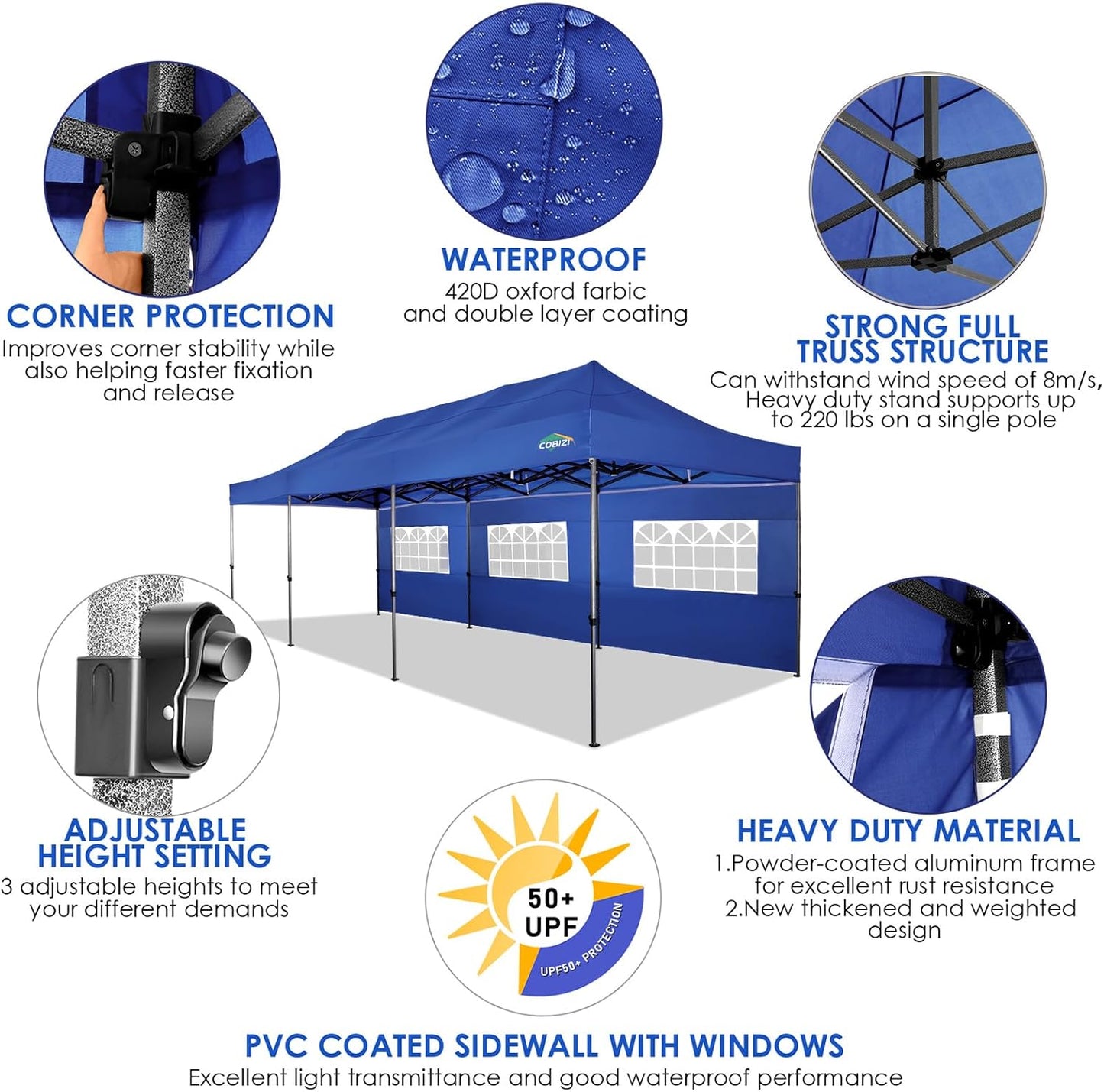 COBIZI 10x30 Pop up Canopy Tent 10x30 Canopy with Sidewalls, Heavy Duty Party Tent Tents for Parties, Foldable UPF 50+ Waterproof Commercial Easy up Canopy with Roller Bag, Navy Blue(Windproof)