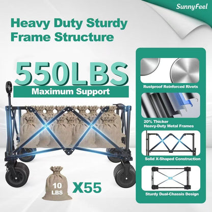 SUNNYFEEL 550L Large Capacity Folding Sports Wagon, 550LBS Heavy Duty Collapsible Cart,Extra High Extender Wagon Cart with Tailgate, All-Terrain Big Wheels for Camping Fishing & Outdoor Use，Black