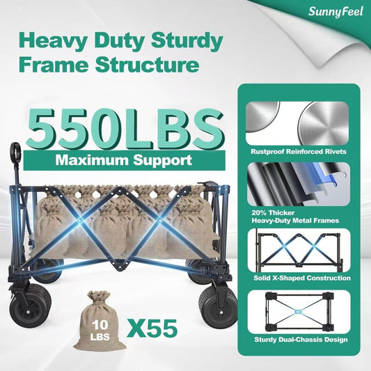 SUNNYFEEL 550L Large Capacity Folding Sports Wagon, 550LBS Heavy Duty Collapsible Cart,Extra High Extender Wagon Cart with Tailgate, All-Terrain Big Wheels for Camping Fishing & Outdoor Use，Black