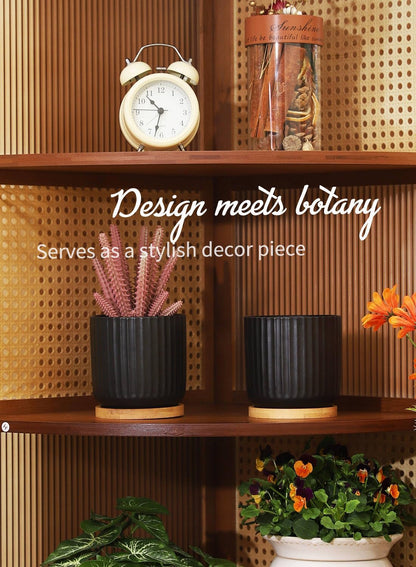 TAMAYKIM 4 Inch Small Cylinder Ceramic Plant Pots with Drainage Holes, Modern Indoor Planters with Tray for Aloe, Succulent, Snake Plants, Cactus & Herbs, Black, Set of 4