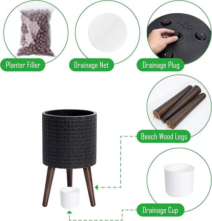 D'vine Dev 10 Inch Modern Geometric Tile Patterned Sleek Planter Pot with Stand, Indoor Outdoor Decorative Plant Holder, Distressed Black, 88-Z-B-5