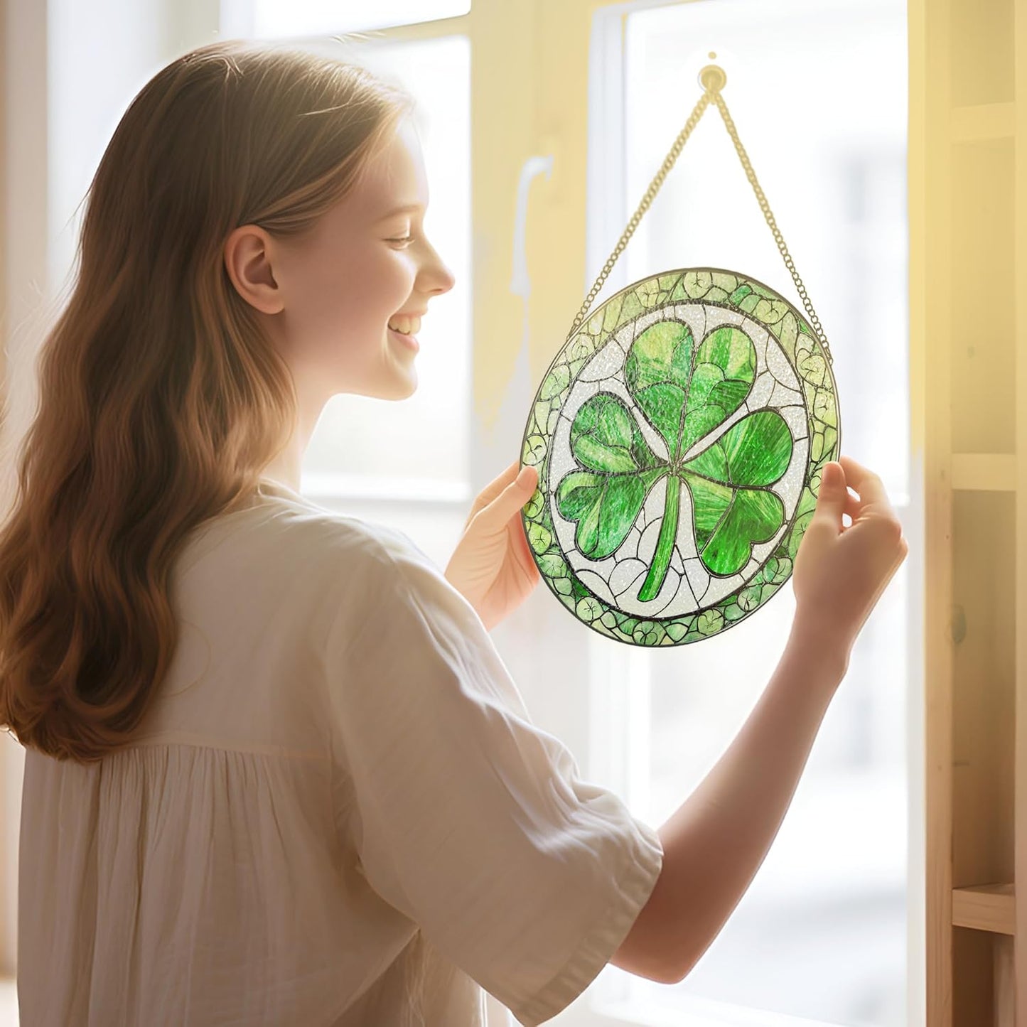 Stained Glass Window Hanging, 8 Inch Shamrock Stained Glass Suncatcher, Sun Catcher Decor, Window Hanging Decor, St. Patrick's Day Decoration, Shamrock Gifts, Irish Gift, Gifts for Women Men