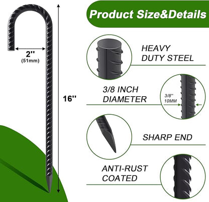 AAGUT Rebar Stakes 16 Inch J Hook Heavy Duty 24 Pack, 3/8 Inch Black Coated Metal Steel Ground Anchors Chain Link Fence Stakes for Camping Tent, Inflatables, Yard Decorations, Canopies & Swing Sets