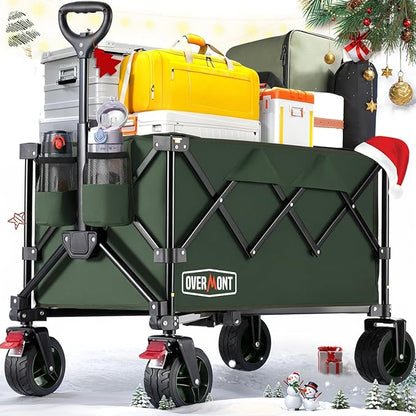 Overmont Ultra-Compact Collapsible Wagon Cart - 200L Portable Folding Wagon with All-Terrain Wheels Utility for Beach, Grocery Shopping, Camping, and Gardening – 330lbs Load Capacity Green