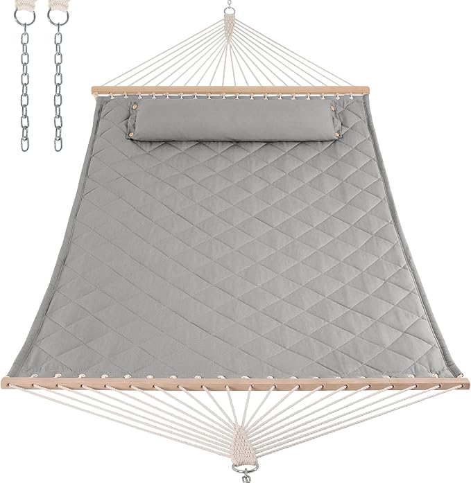 ANOW Heavy Duty Hammock with Spreader Bars and Detachable Pillow, 2 Person Hammock for Outdoors Indoors, 450 LBS Weight Capacity, Light Gray