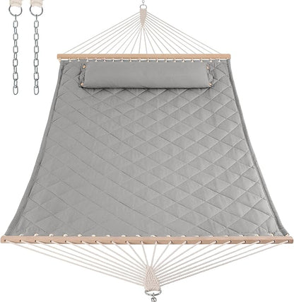 ANOW Heavy Duty Hammock with Spreader Bars and Detachable Pillow, 2 Person Hammock for Outdoors Indoors, 450 LBS Weight Capacity, Light Gray