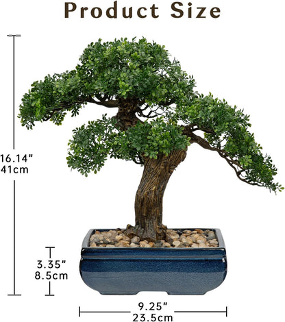 Artificial Bonsai Tree Juniper Faux Plants Indoor Fake Plants Decor with Blue Square Ceramic Pots for Home Table Office Desk Bathroom Shelf Bedroom Living Room Farmhouse Decorations