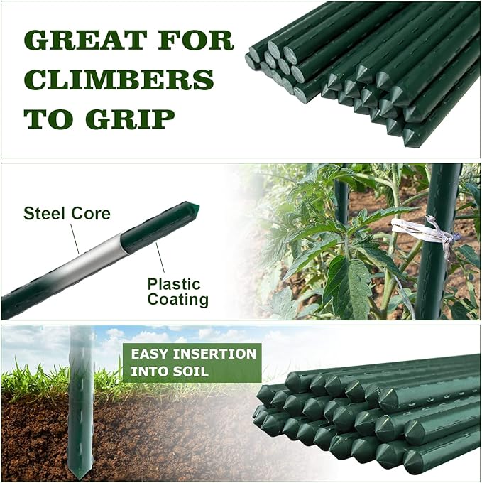 10pcs Steel Plant Stakes 6 Feet,Sturdy Plant Sticks, Plastic Coated Metal Garden Stakes Supports Climbing for Tomato, Bean, Flowers, Tree Potted
