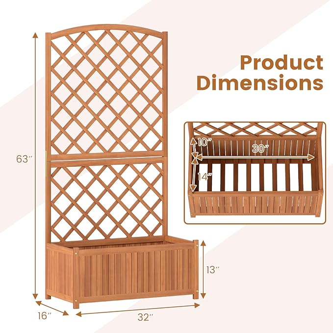 HAPPYGRILL Wooden Raised Garden Bed with Trellis, 63" Tall Planter Box with Trellis & Slat Bottom Base Vine Climbing Plants Flowers, Outdoor Freestanding Garden Box for Backyard Balcony (2)